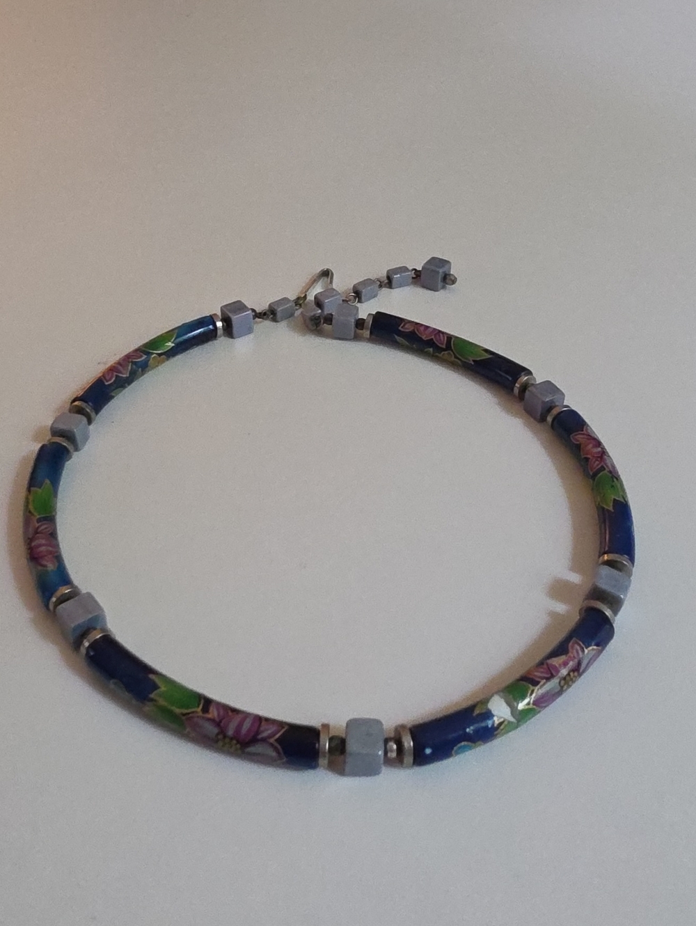 80s Blue Floral Cloisonné Hoop Necklace